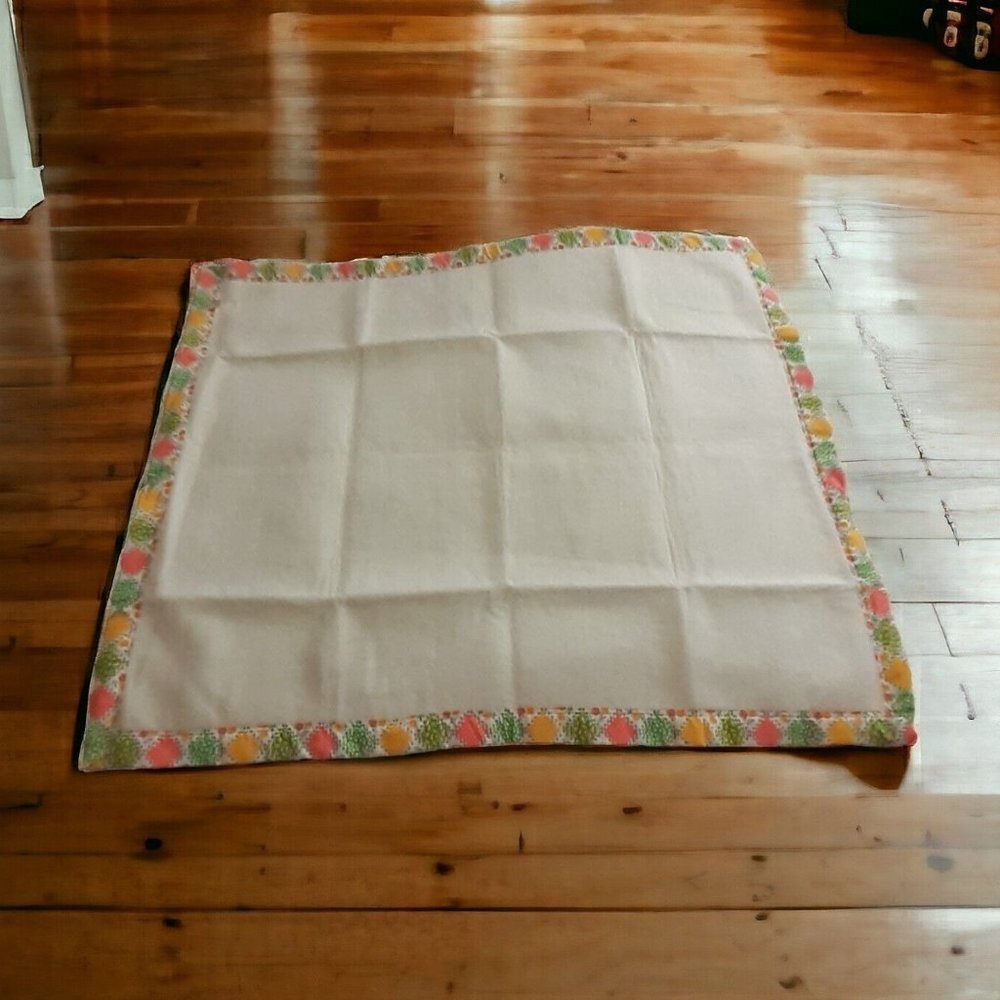 Vtg 70's fleece Baby Blanket Trim 44” X 36” USA Union Made Tag Cottagecore